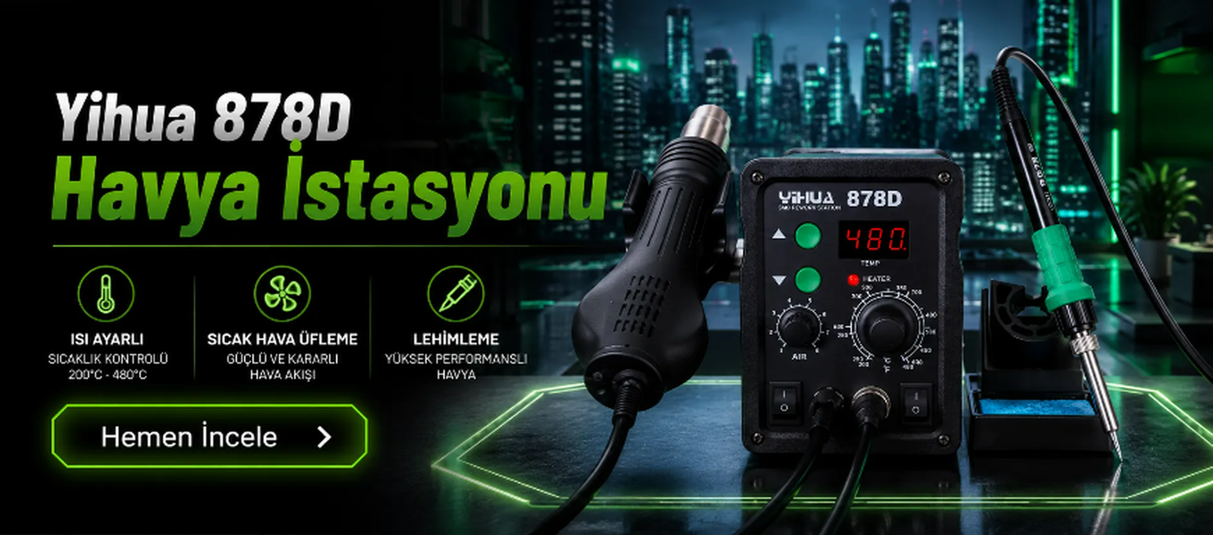 Yihua 878D Isı Ayarlı Sıcak Hava Üfleme Lehimleme Havya İstasyonu