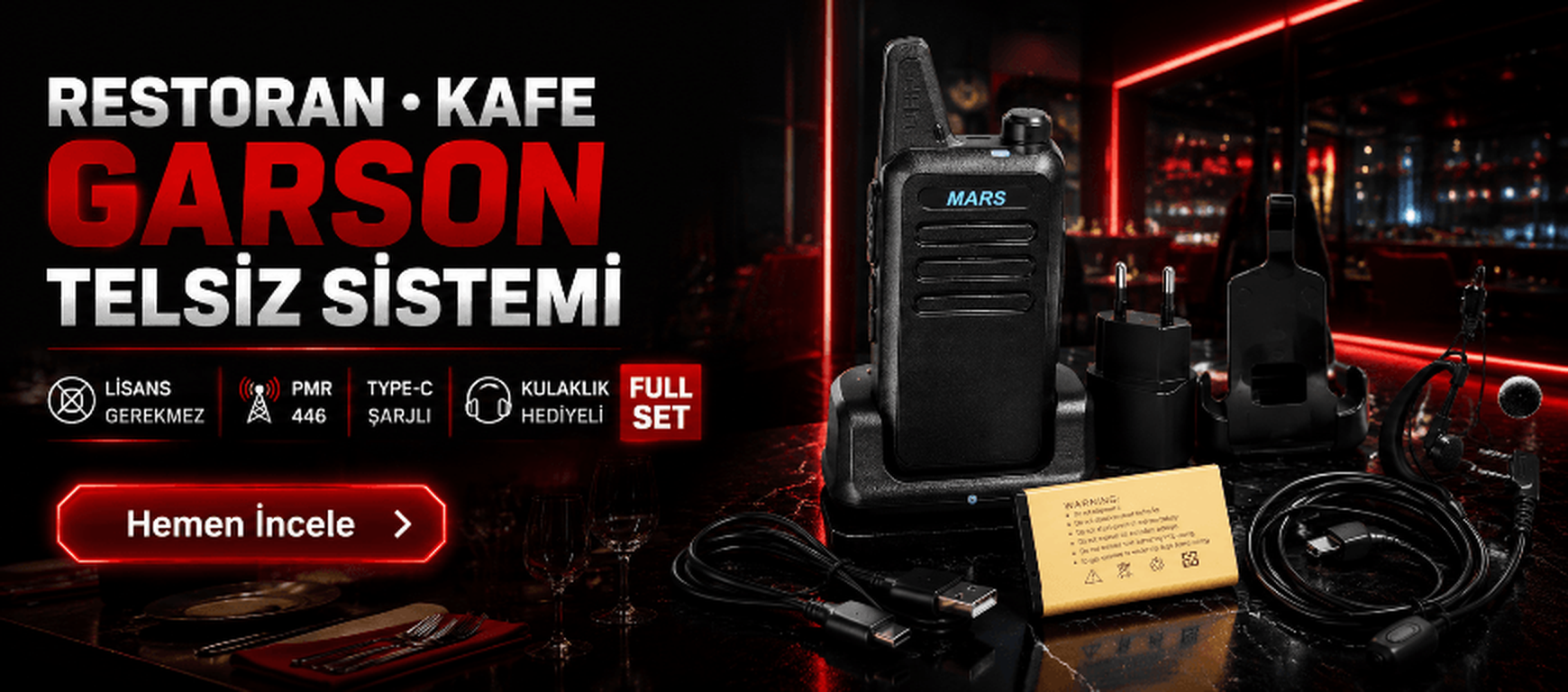 Restoran Kafe Garson Telsiz Full Set Kulaklık Dahil