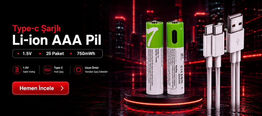 Type-c Şarjlı Li-ion AAA İnce Pil 1.5V 750mWh 2li Paket