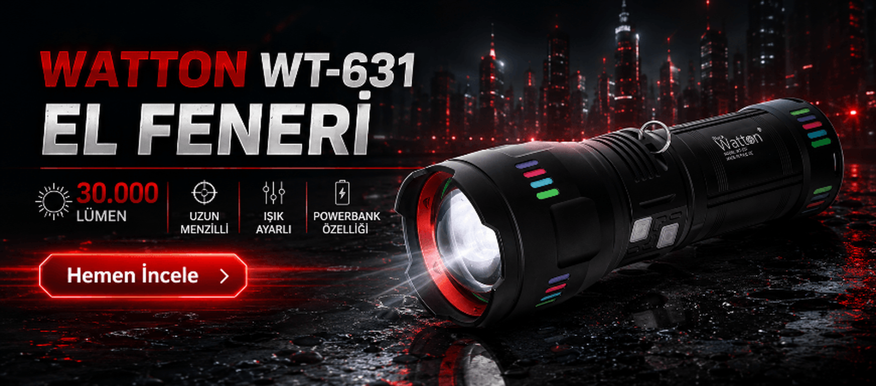 Watton Lazer Etkili Profesyonel El Feneri 30.000 Lümen WT-631
