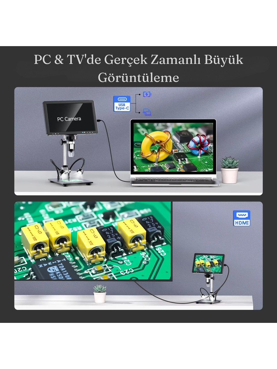 10.1'' DM12 HDMI Dijital Mikroskop 2000X Büyütme 20MP 10 LED Işık Şarjlı Ekran Uzaktan Kumanda