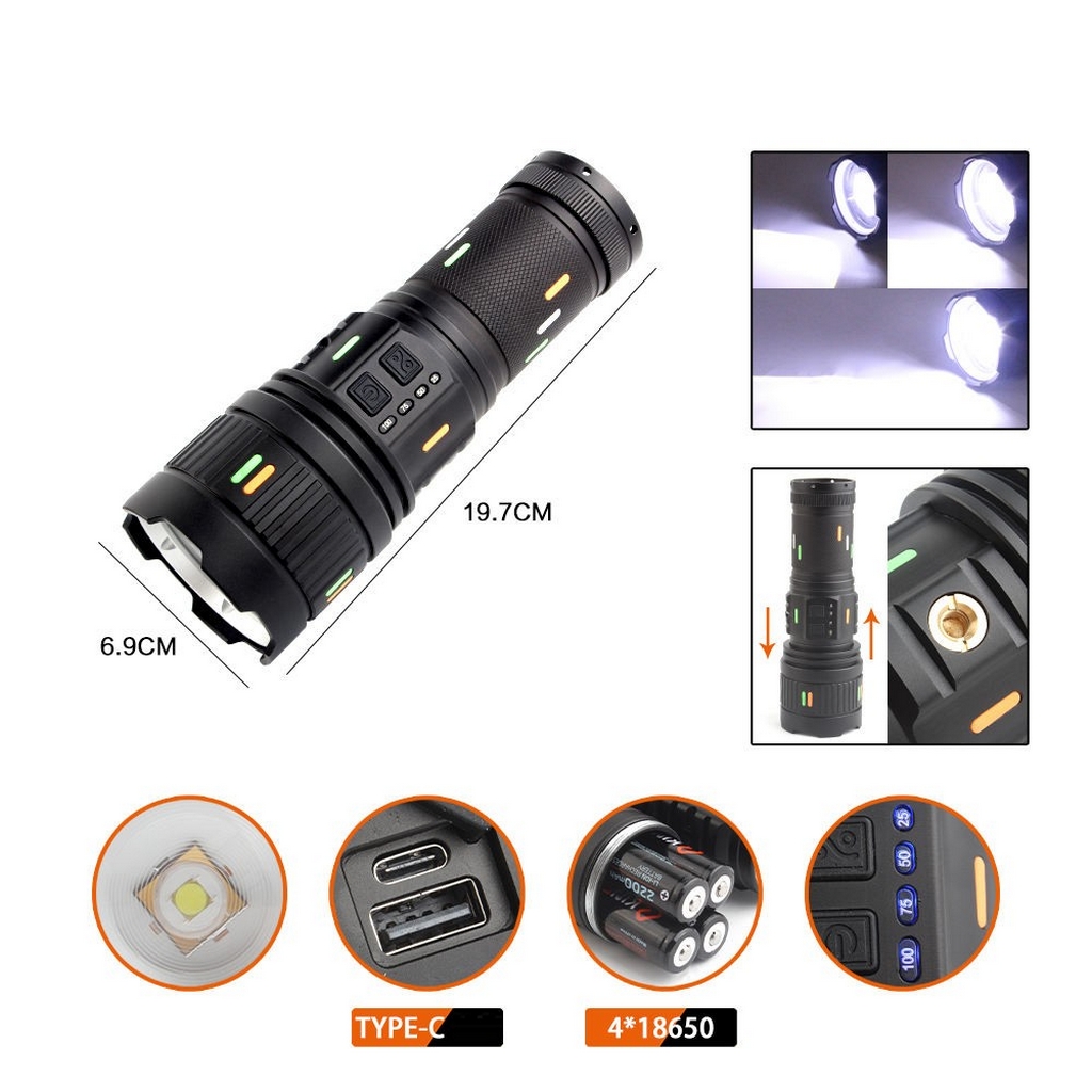 100W Ultra Parlak Led Işıklı Lazer Etkili Şarjlı Zumlu El Feneri MBLG401