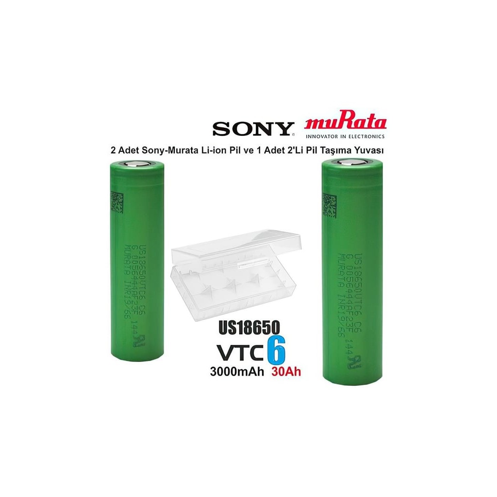 18650 Şarjlı Pil Murata VTC6 3.7V 3000mAh Li-ion Yüksek Kapasiteli Batarya 2li+Taşıma Kutusu