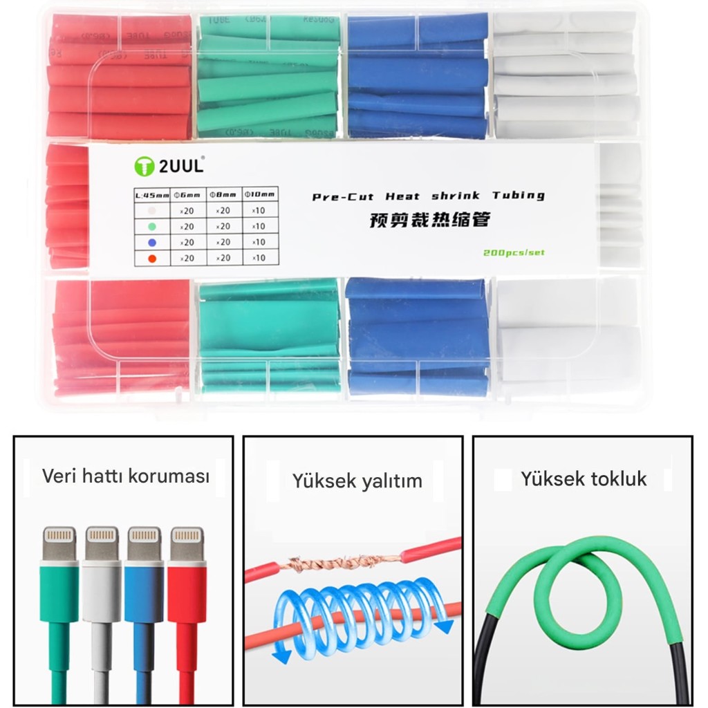 200 Adet Isıyla Daralan Makaron Seti Heat Shrink Elektrik Yalıtım