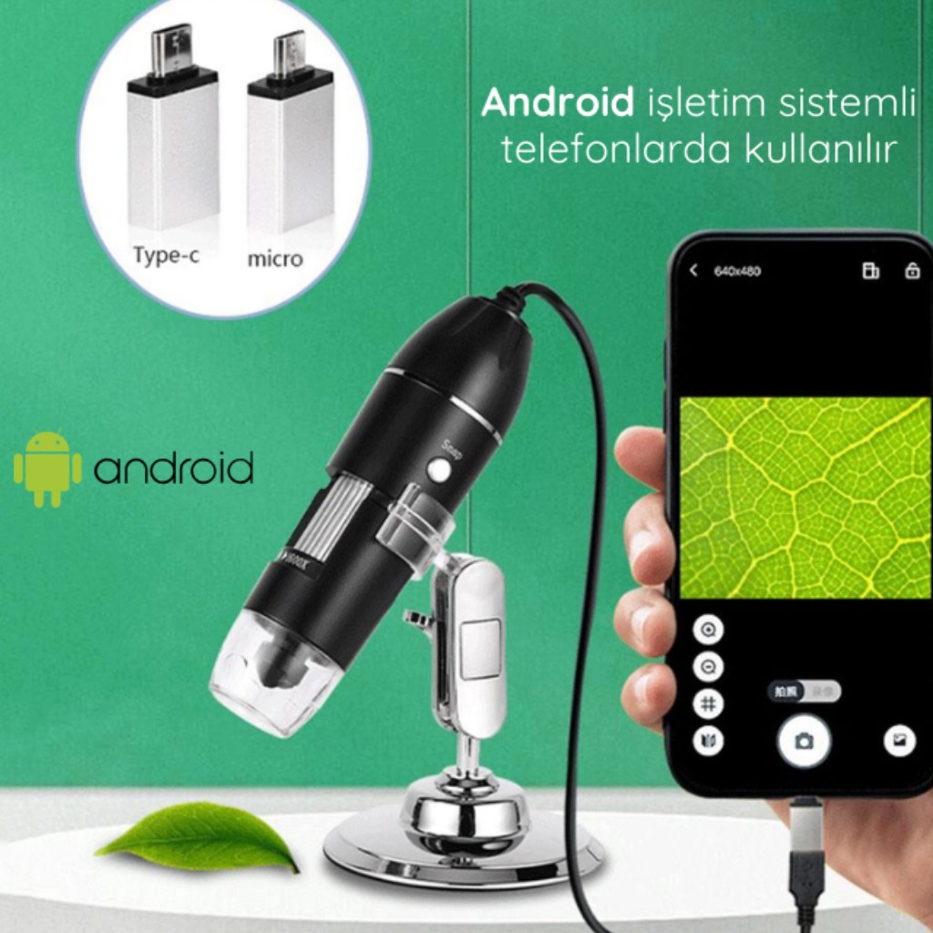 2MP 1600X Zoomlu Dijital Usb Mikroskop. 8 Ledli, Metal Standlı, Telefon Çevirici Dahil.