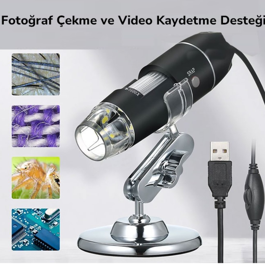 2MP 1600X Zoomlu Dijital Usb Mikroskop. 8 Ledli, Metal Standlı, Telefon Çevirici Dahil.