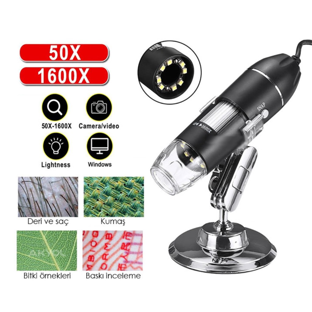 2MP 1600X Zoomlu Dijital Usb Mikroskop. 8 Ledli, Metal Standlı, Telefon Çevirici Dahil.