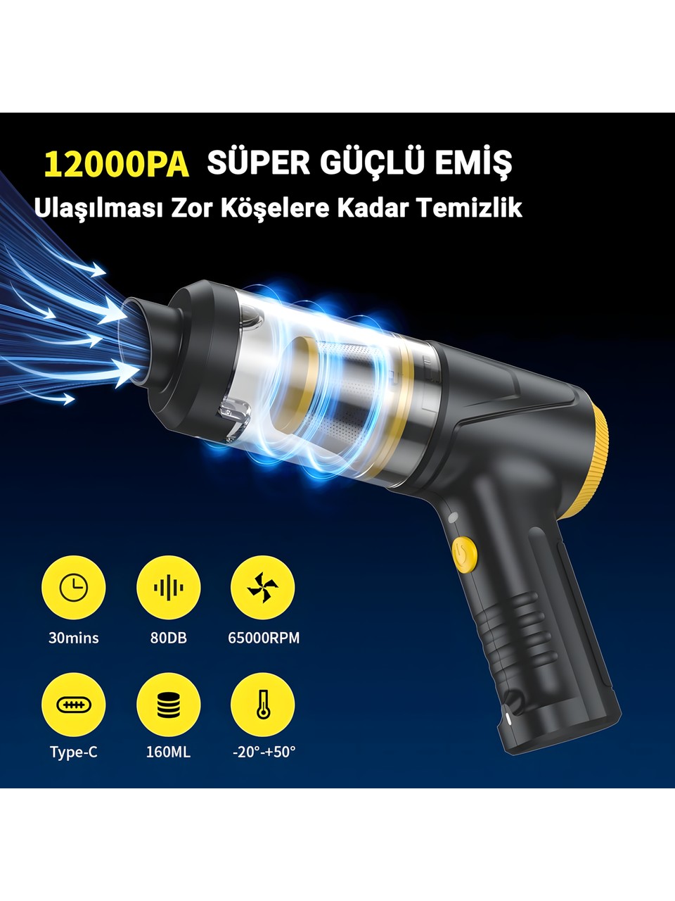 4in1 Çok Fonksiyonlu Type-c Şarjlı El Süpürgesi. LED Işıklı, Hepa Filtreli, 12000PA LT-145