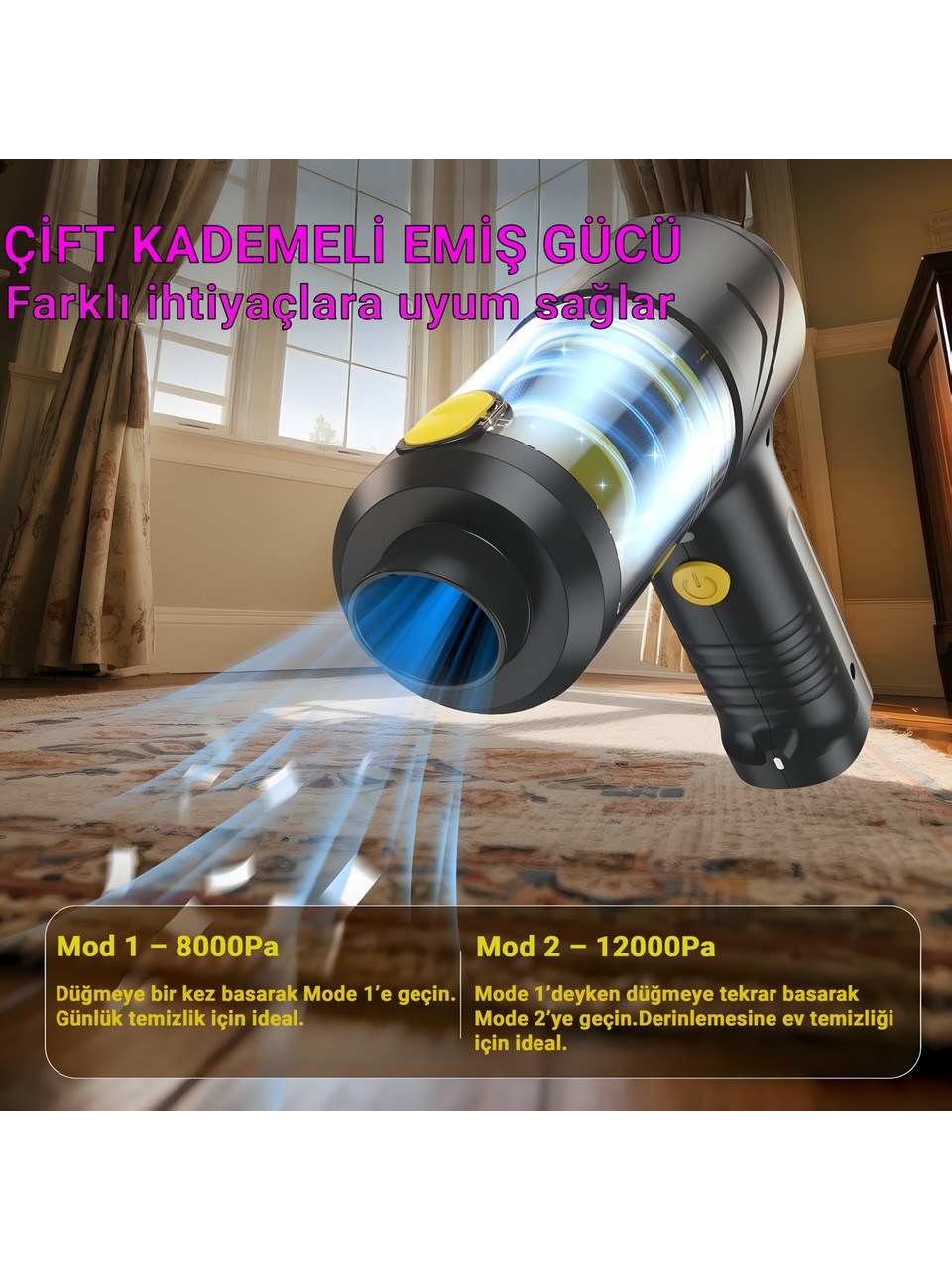 4in1 Çok Fonksiyonlu Type-c Şarjlı El Süpürgesi. LED Işıklı, Hepa Filtreli, 12000PA LT-145