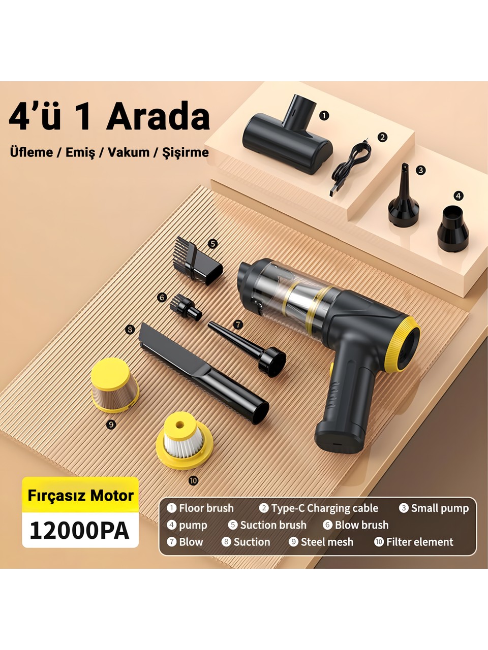 4in1 Çok Fonksiyonlu Type-c Şarjlı El Süpürgesi. LED Işıklı, Hepa Filtreli, 12000PA LT-145