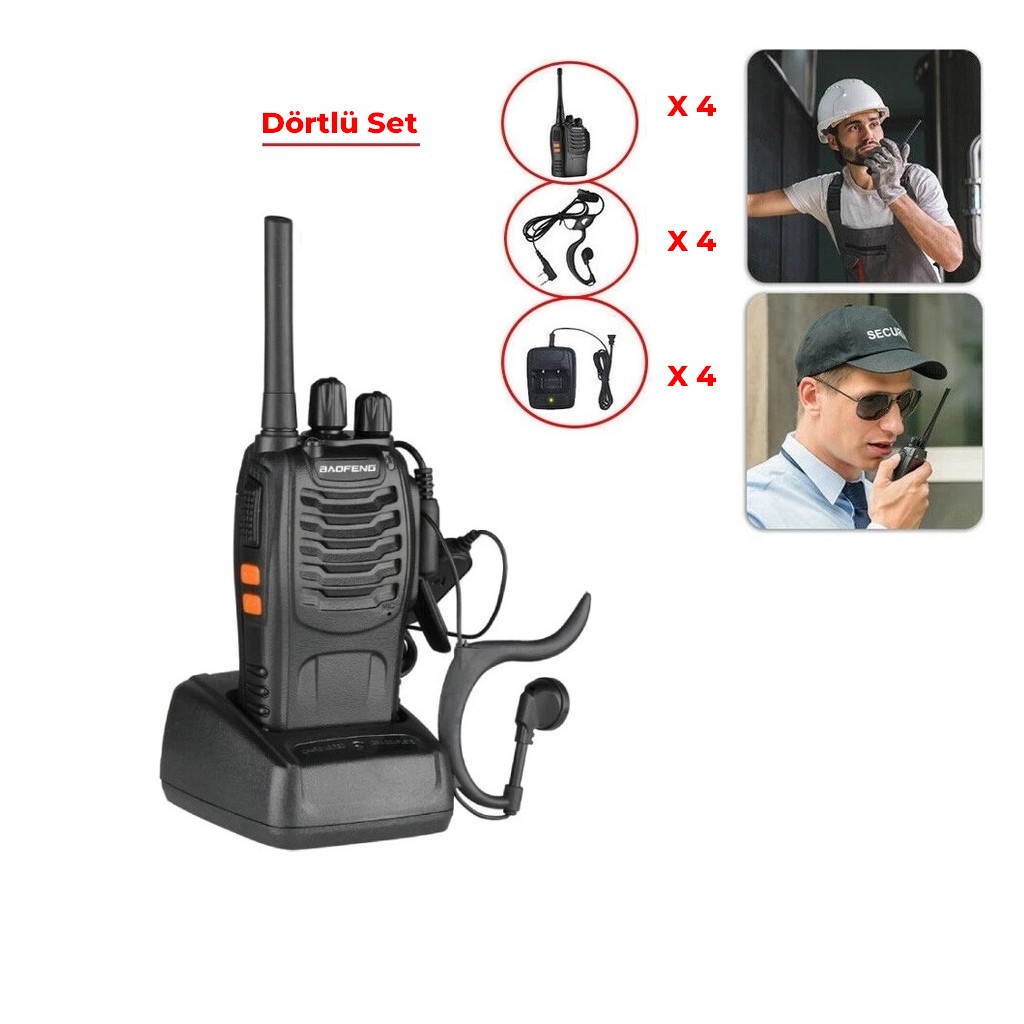 4lü Baofeng BF-88E Lisanssız PMR El Telsizi Kulaklık Hediyeli Set 