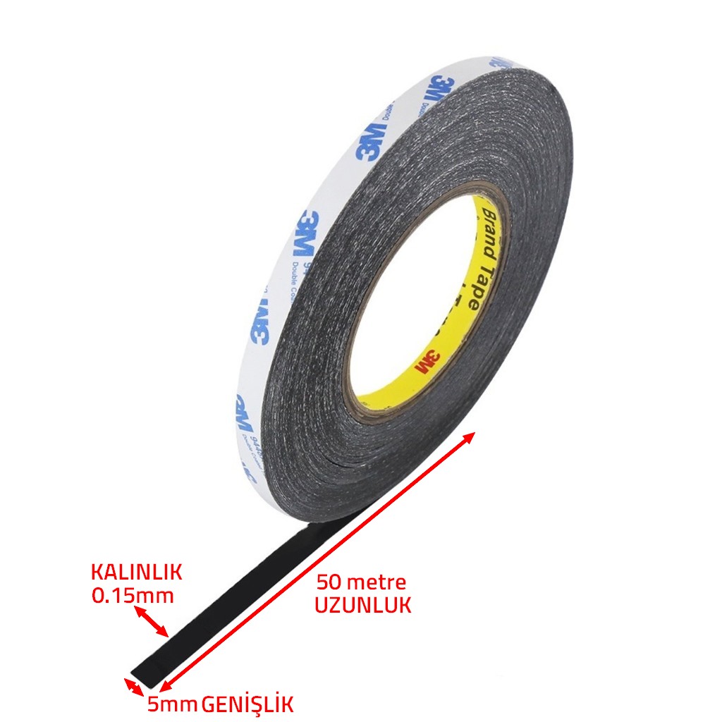 5mm/50mt SİYAH Çift Taraflı Bant, Telefon Tablet Ekran Cam Kasa Kapak Pil Tamir Bantı