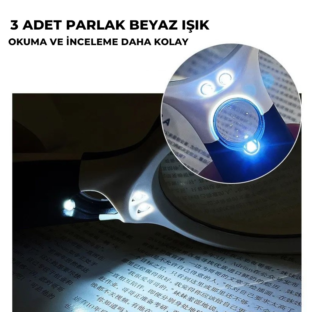 6902AB Taşınabilir 3 Led Işıklı 2 Lensli El Tipi Büyüteç 45x22mm 3x75mm