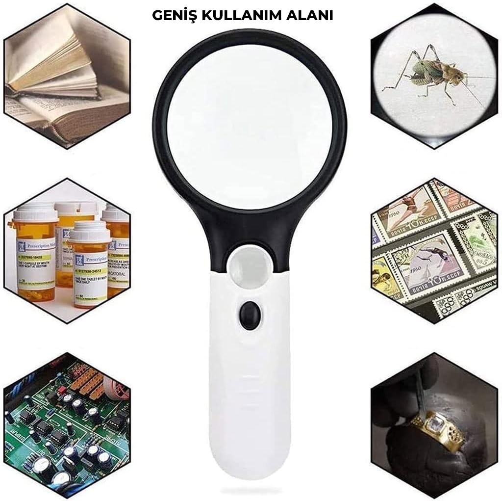 6902AB Taşınabilir 3 Led Işıklı 2 Lensli El Tipi Büyüteç 45x22mm 3x75mm