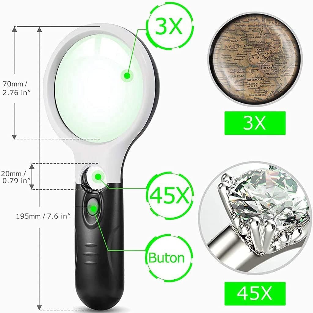 6902AB Taşınabilir 3 Led Işıklı 2 Lensli El Tipi Büyüteç 45x22mm 3x75mm