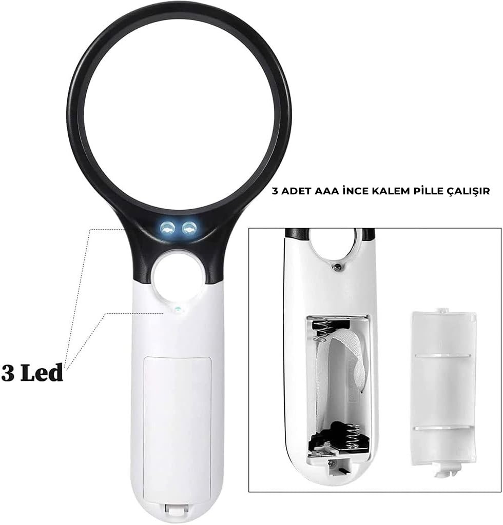 6902AB Taşınabilir 3 Led Işıklı 2 Lensli El Tipi Büyüteç 45x22mm 3x75mm