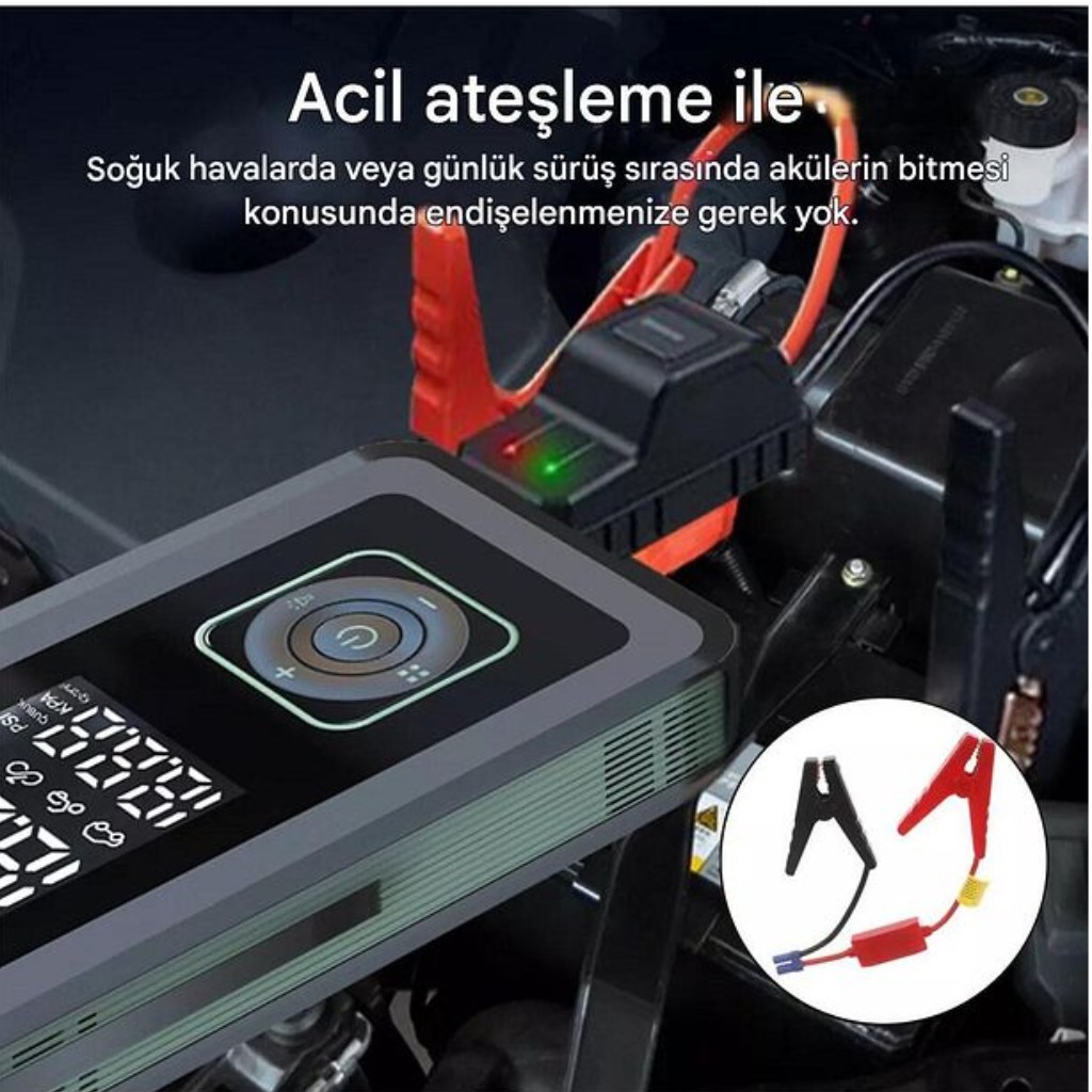 Akü Takviyeli 8000mAh Şarjlı Lastik Şişirme Pompası Hava Kompresörü Çantalı