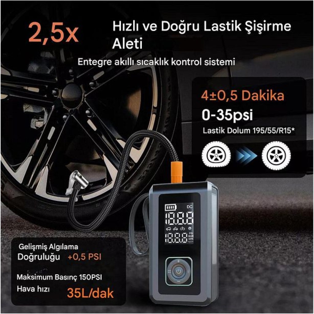 Akü Takviyeli 8000mAh Şarjlı Lastik Şişirme Pompası Hava Kompresörü Çantalı