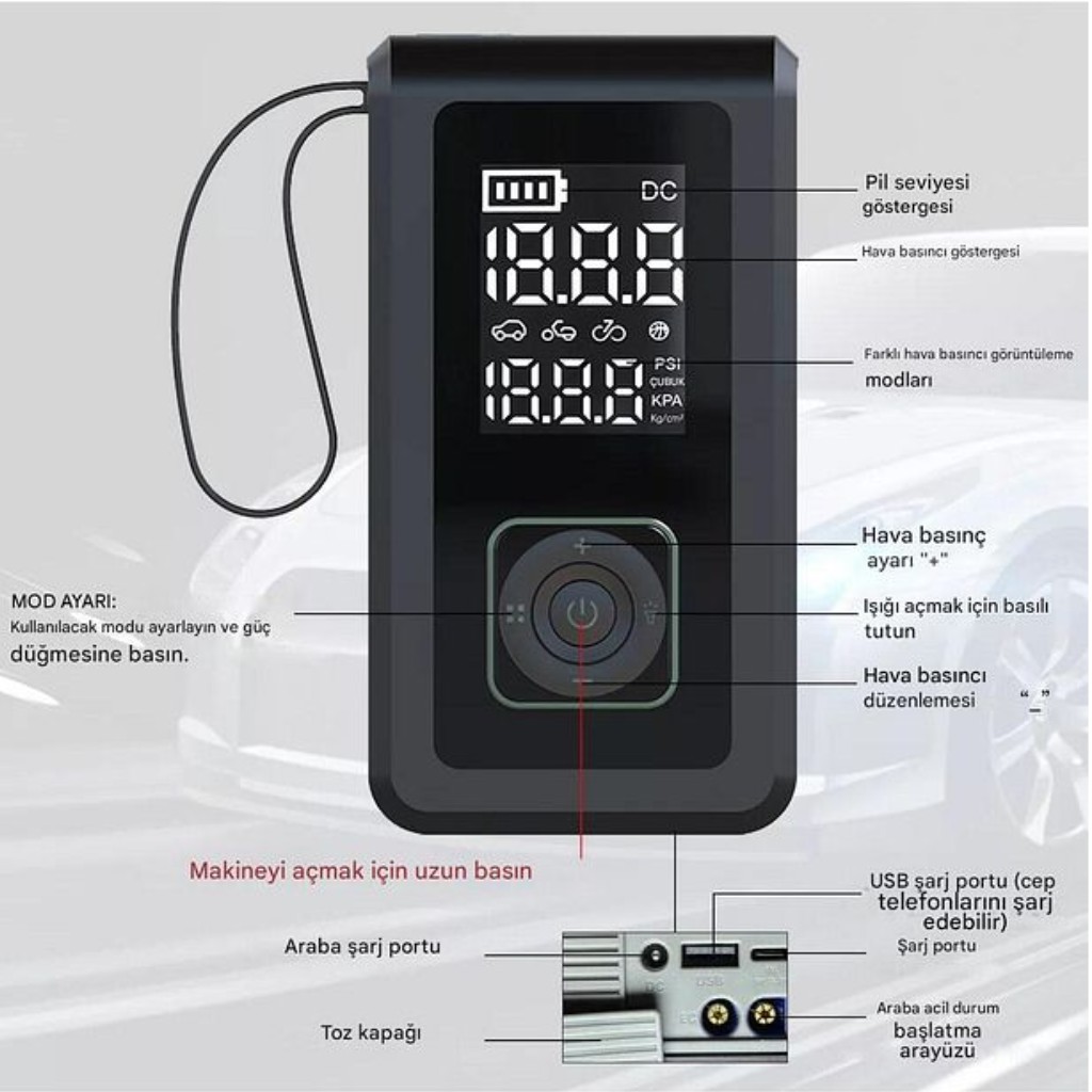 Akü Takviyeli 8000mAh Şarjlı Lastik Şişirme Pompası Hava Kompresörü Çantalı