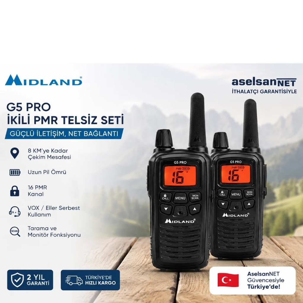 Midland G5 PRO PMR446 El Telsizi 2'li Set 16 Kanal VOX Kulaklık Hediyeli