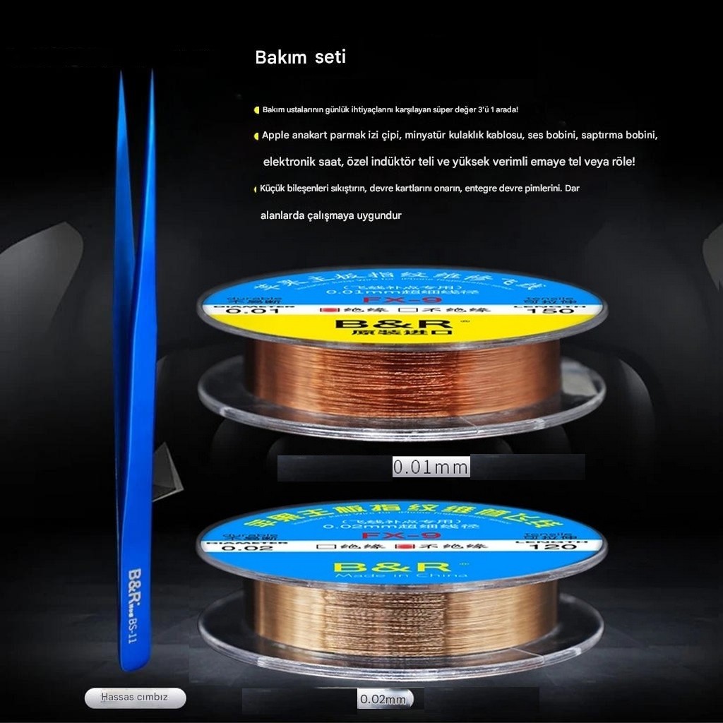 B＆R FT-03 0.01mm 0.02mm 120m İnce Bakır Yol Çekme Teli+Cımbız Set