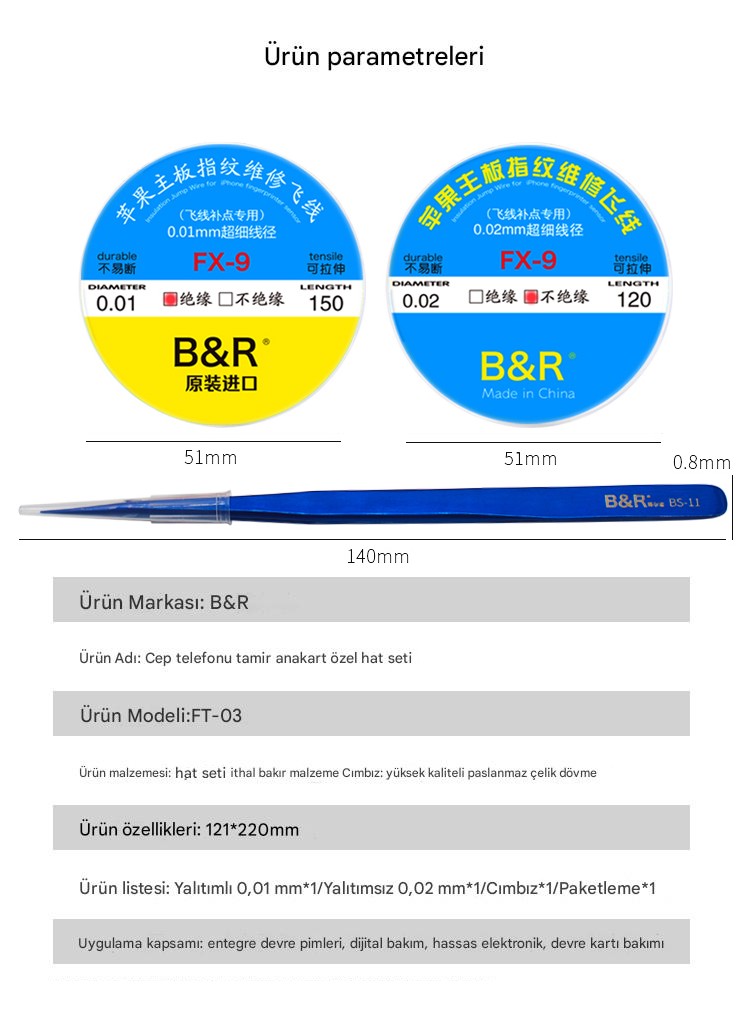 B＆R FT-03 0.01mm 0.02mm 120m İnce Bakır Yol Çekme Teli+Cımbız Set