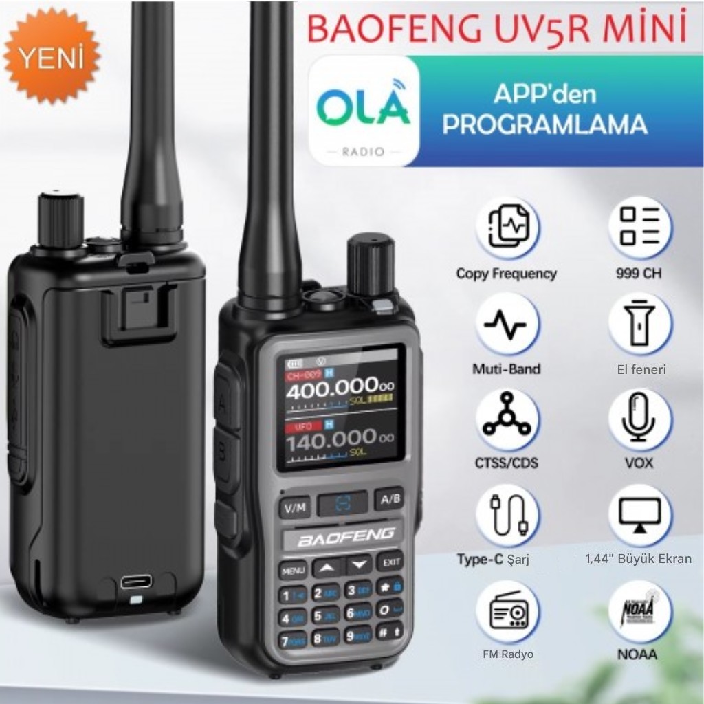 BAOFENG UV-5R Mini Dual Band Telsiz (VHF/UHF) 5W Güç, Bluetooth, Type-C Şarj - SARI