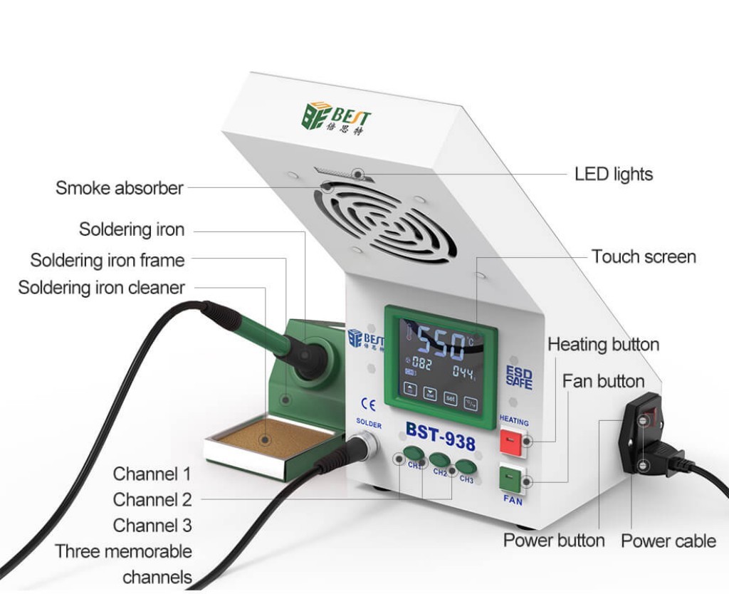 BEST BEB BST-938 Ekranlı Duman Emici Fanlı Lehimleme Havya İstasyonu 