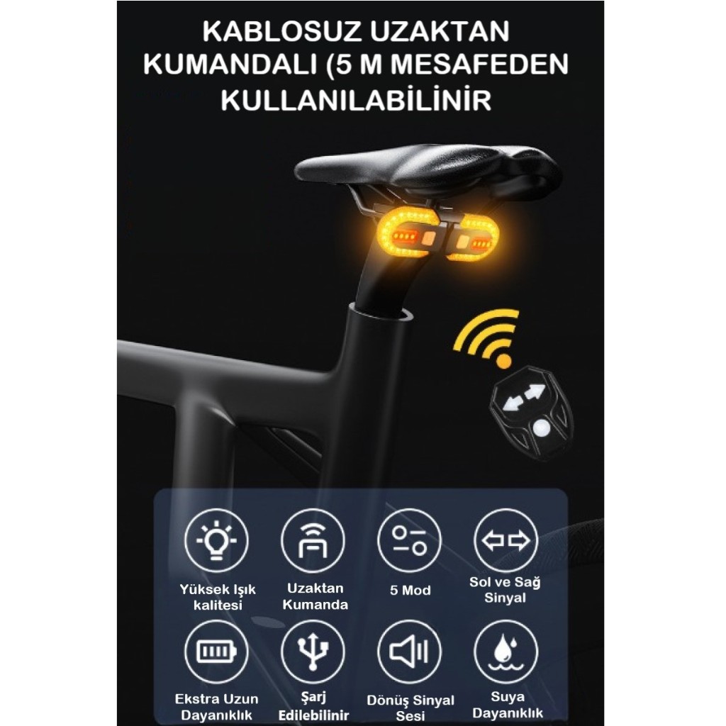  Bisiklet Dönüş Sinyali 5 Modlu Şarj Edilebilir Bisiklet Arka LED Uyarı Işığı Uzaktan Kumanda FY1825