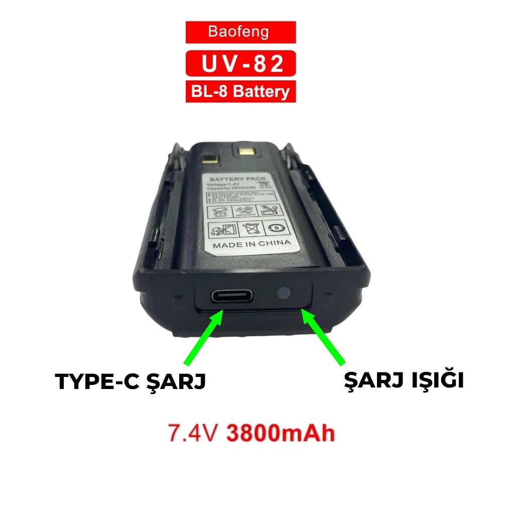 BL-8 Type-C Şarjlı Telsiz Bataryası 3800mAh 7.4V | Baofeng UV-82 UV-82X Uyumlu Yüksek Kapasiteli Pil