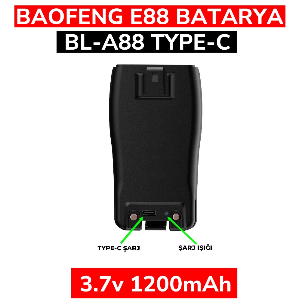 BL-A88 Type-C Şarjlı Telsiz Bataryası 1200mAh 3.7V | Baofeng E88 Uyumlu Yedek Pil