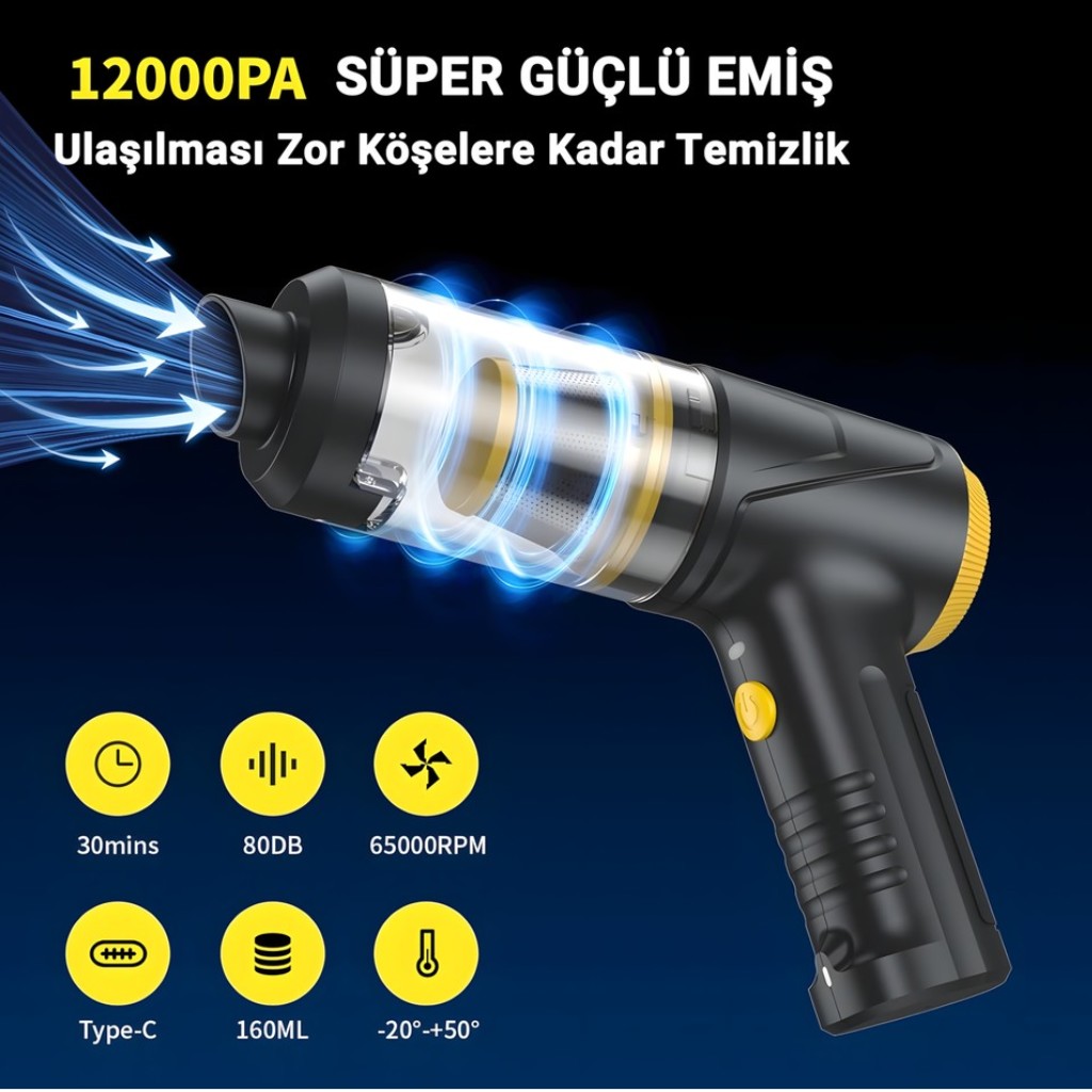 Çok Fonksiyonlu Araç Süpürgesi, Type-c Şarjlı,Vakumlu Üflemeli, Işıklı, Hepa Filtreli LT-145