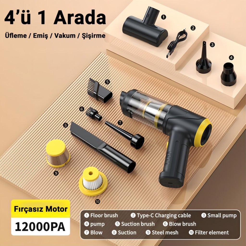 Çok Fonksiyonlu Araç Süpürgesi, Type-c Şarjlı,Vakumlu Üflemeli, Işıklı, Hepa Filtreli LT-145