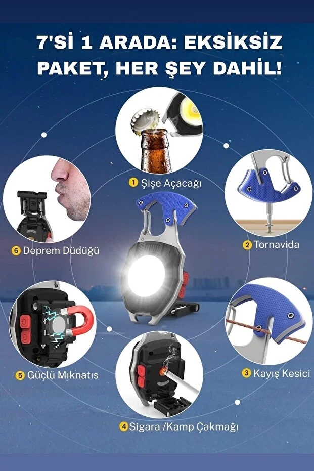 Çok Fonksiyonlu Şarjlı Kamp Feneri Anahtarlık Çakmak Cam Kırıcı Kemer Kesici W5147 WT740