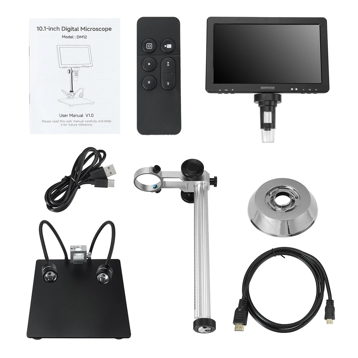 DM12 HDMI Dijital Mikroskop 2000X Büyütme 20MP 10 LED Işık Şarjlı 10.1'' Ekran Uzaktan Kumanda
