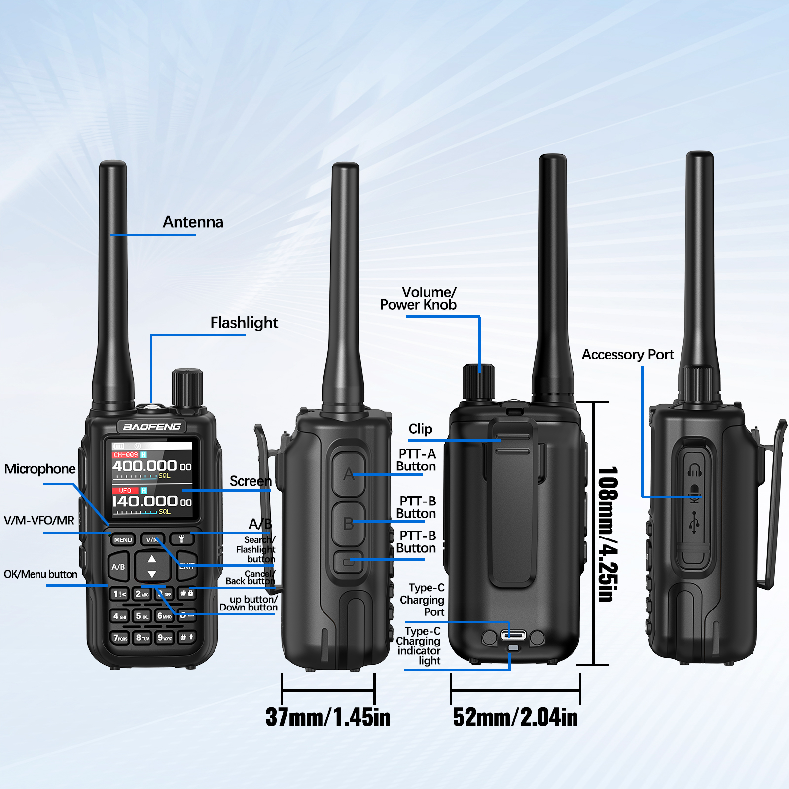 Baofeng MINI-5 Dual Band El Telsizi 2200mAh Type-c Bataryalı Bluetooth Programlama Siyah