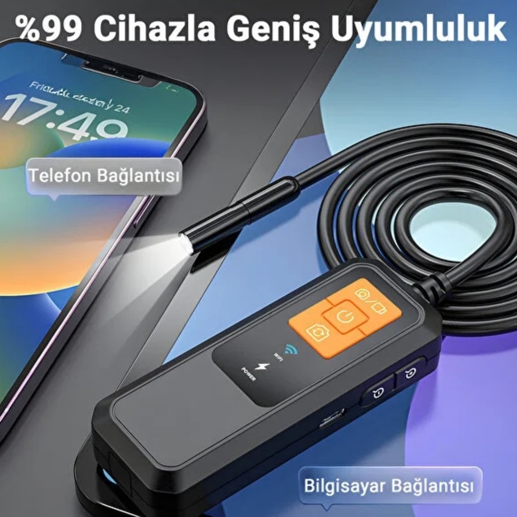 Endoskop Kamera Boru Araç Motor Tesisat Görüntüleme W600-2 850mAh Şarjlı Wifili Ayna Mıknatıslı 5mt