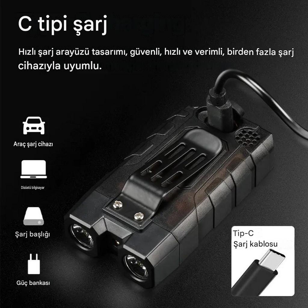 14 Mod Tactical El Feneri Type-C Şarjlı | Waterproof Manyetik Lazer LED Sesli Uzun Menzilli Outdoor