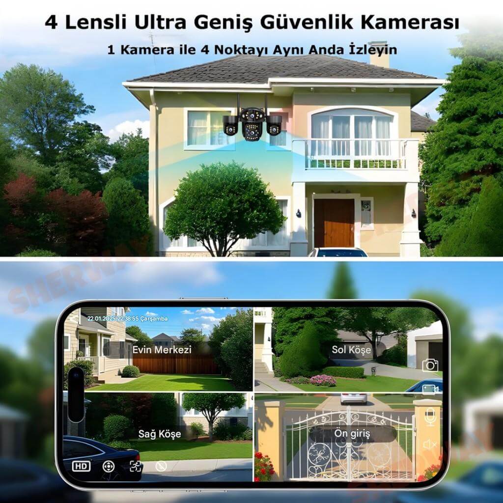 My-01 12MP 4 Lens Wifi Güvenlik Kamerası | 4 Ekran Cepten İzleme, Ptz Hareketli, Renkli Gece Görüşlü