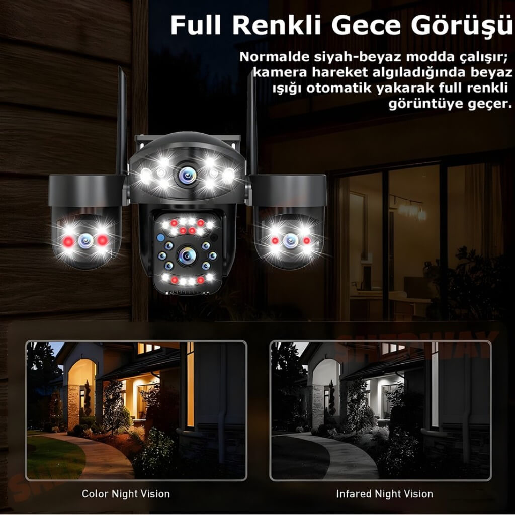 My-01 12MP 4 Lens Wifi Güvenlik Kamerası | 4 Ekran Cepten İzleme, Ptz Hareketli, Renkli Gece Görüşlü