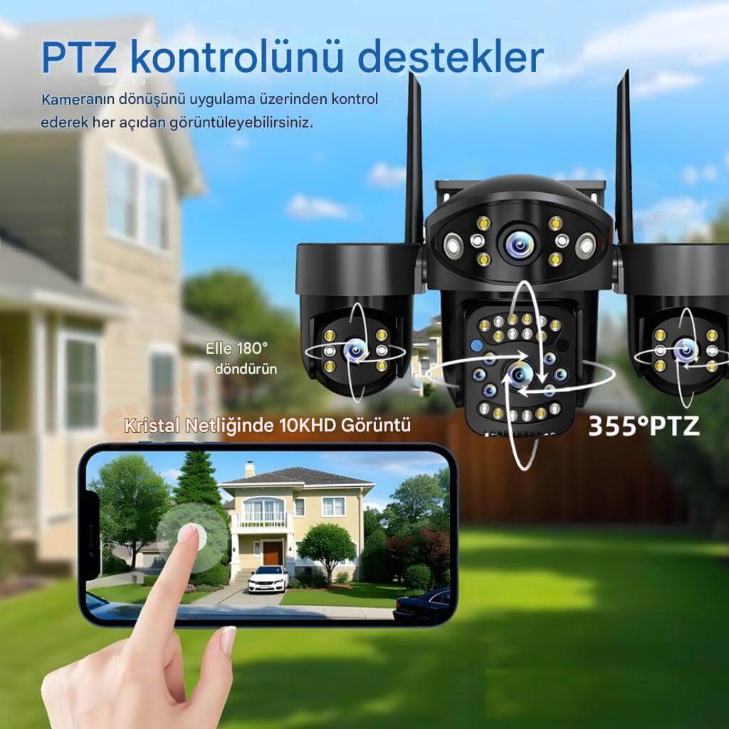 My-01 12MP 4 Lens Wifi Güvenlik Kamerası | 4 Ekran Cepten İzleme, Ptz Hareketli, Renkli Gece Görüşlü