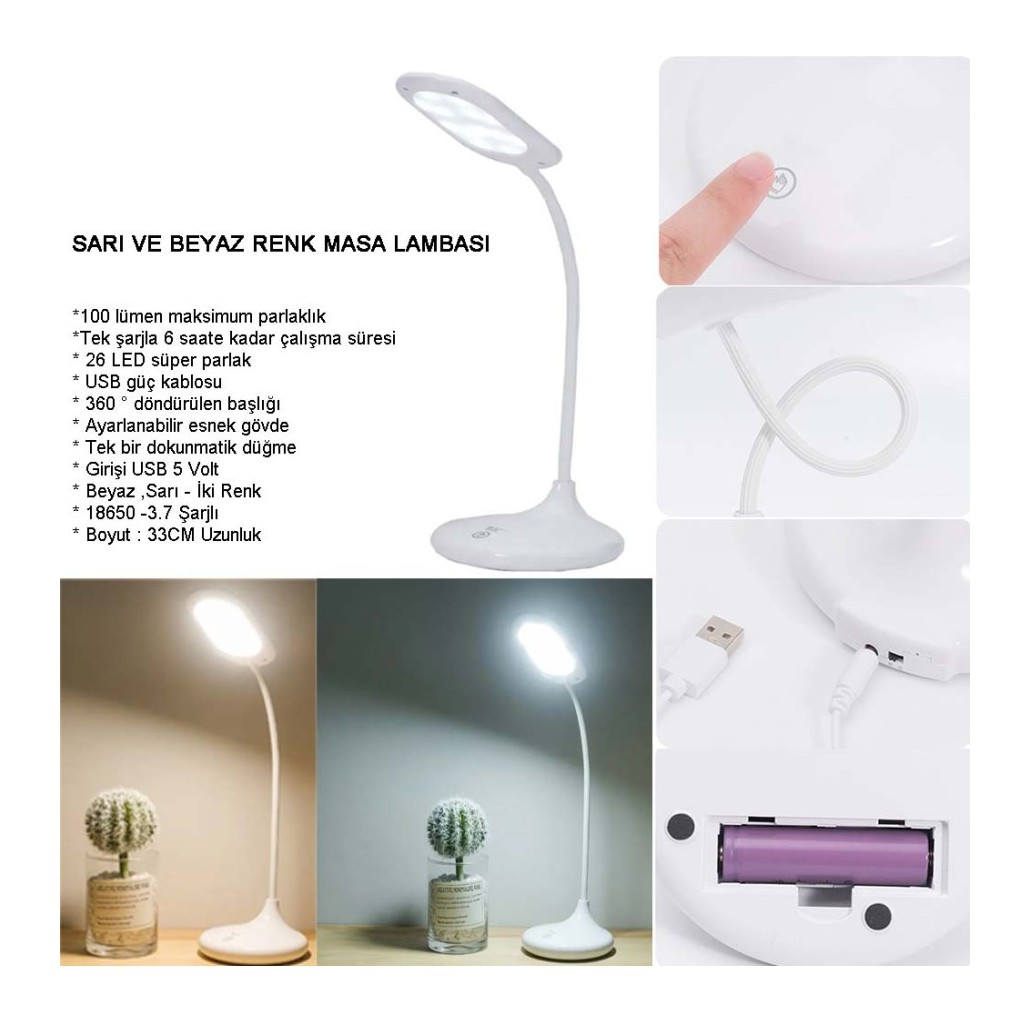 Şarjlı 26 Led Dokunmatik Masa Lambası Gece Lambası Günışığı+Beyaz 