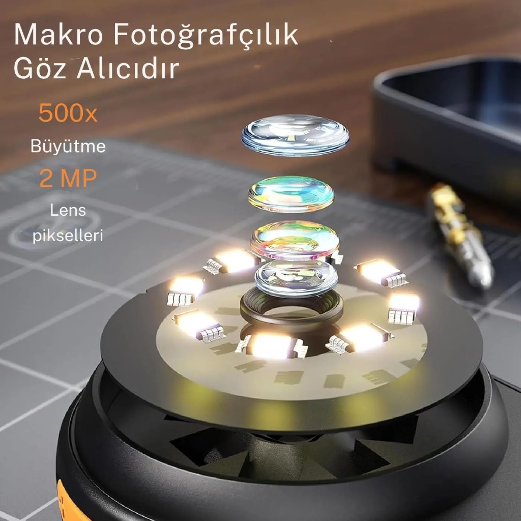 Taşınabilir 500x Makro Dijital Mikroskop 2" Renkli Ekranlı, Işıklı, Type-c Şarjlı