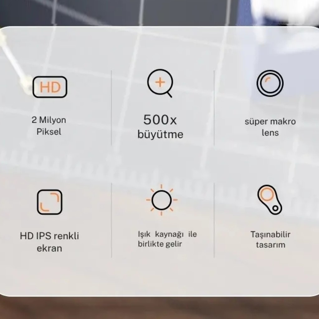 Taşınabilir 500x Makro Dijital Mikroskop 2" Renkli Ekranlı, Işıklı, Type-c Şarjlı