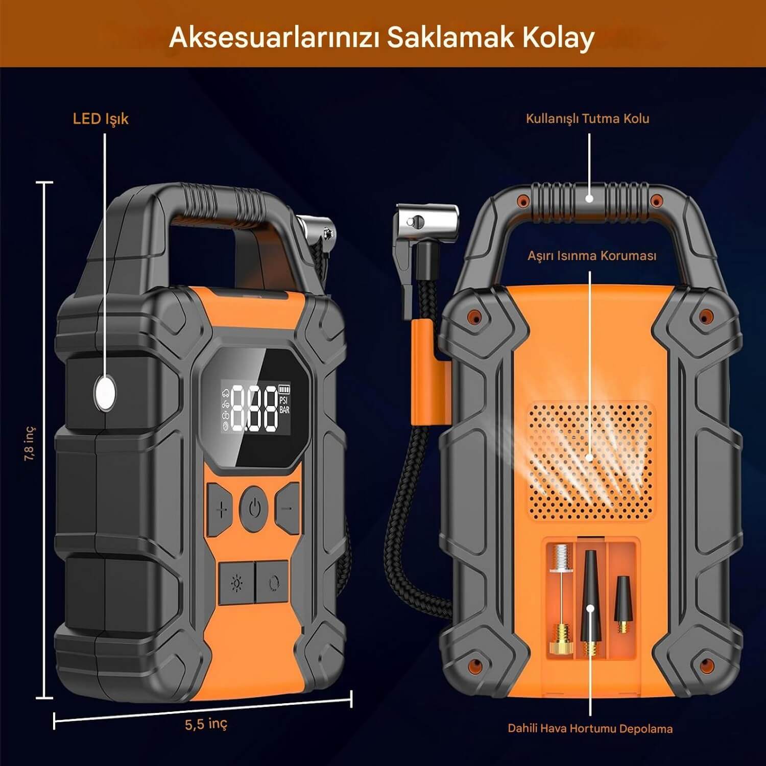 Taşınabilir Şarjlı Ekranlı Lastik Şişirme Pompası Hava Kompresörü