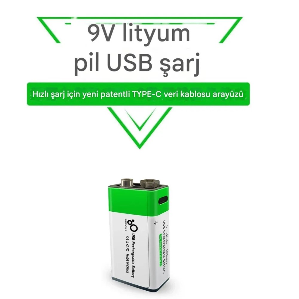 Type-c Şarjlı Li-ion 9V 650mAh Pil