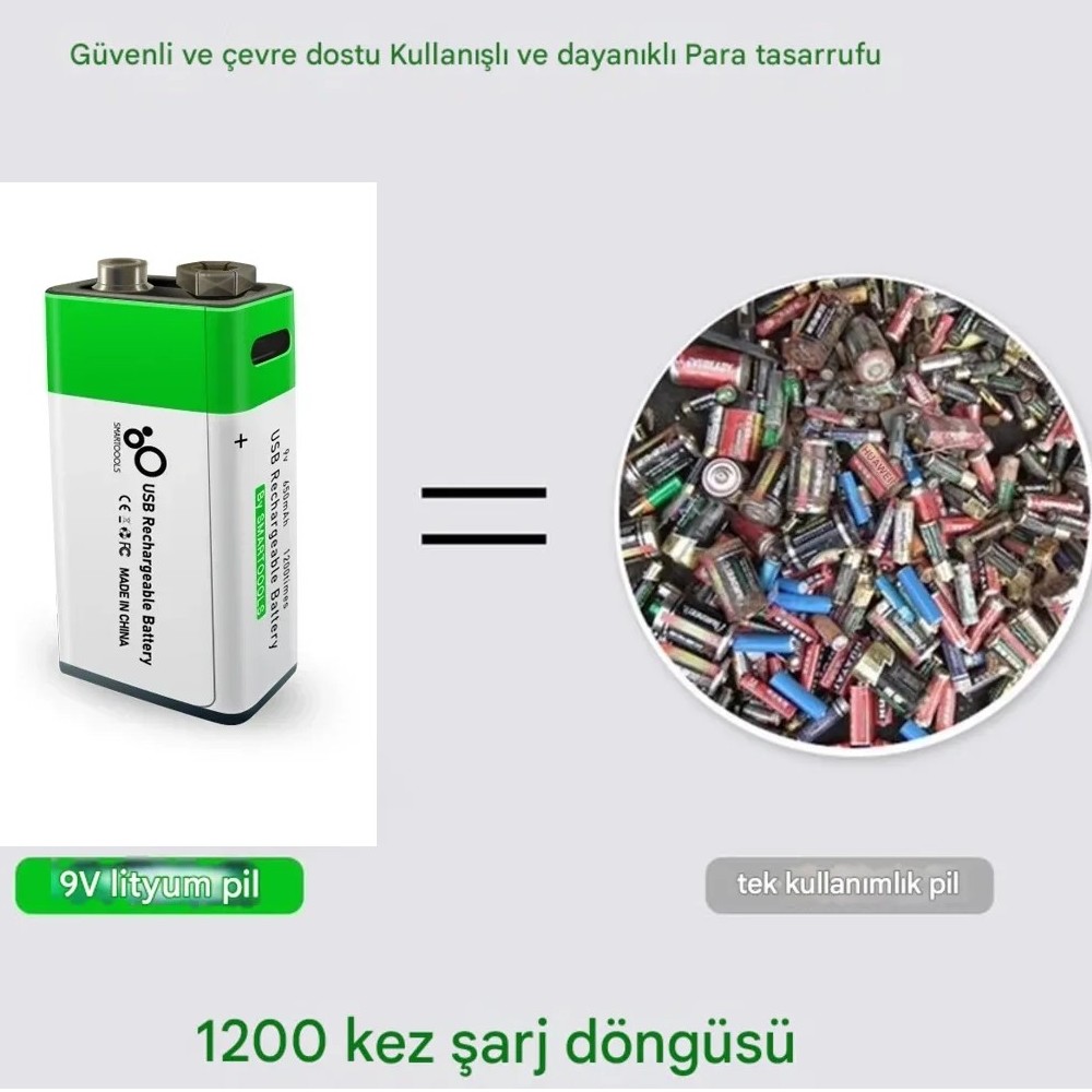 Type-c Şarjlı Li-ion 9V 650mAh Pil