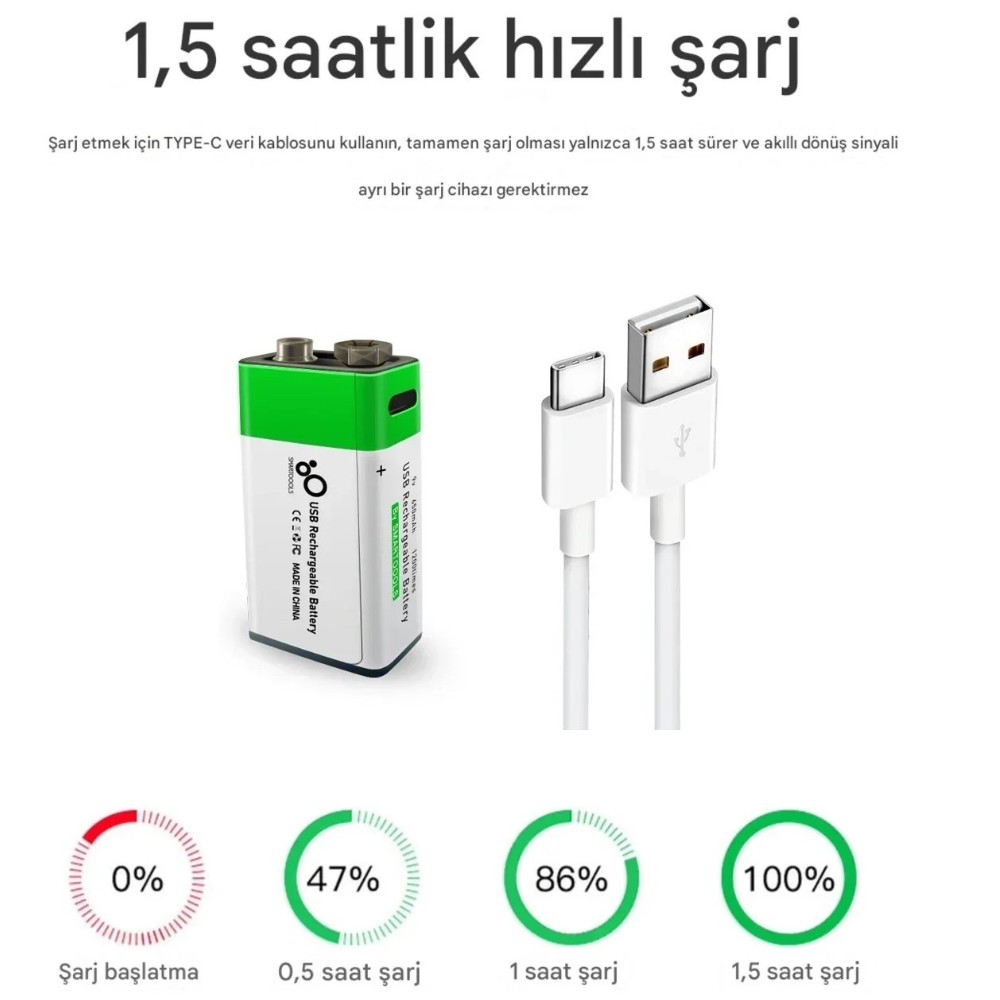 Type-c Şarjlı Li-ion 9V 650mAh Pil