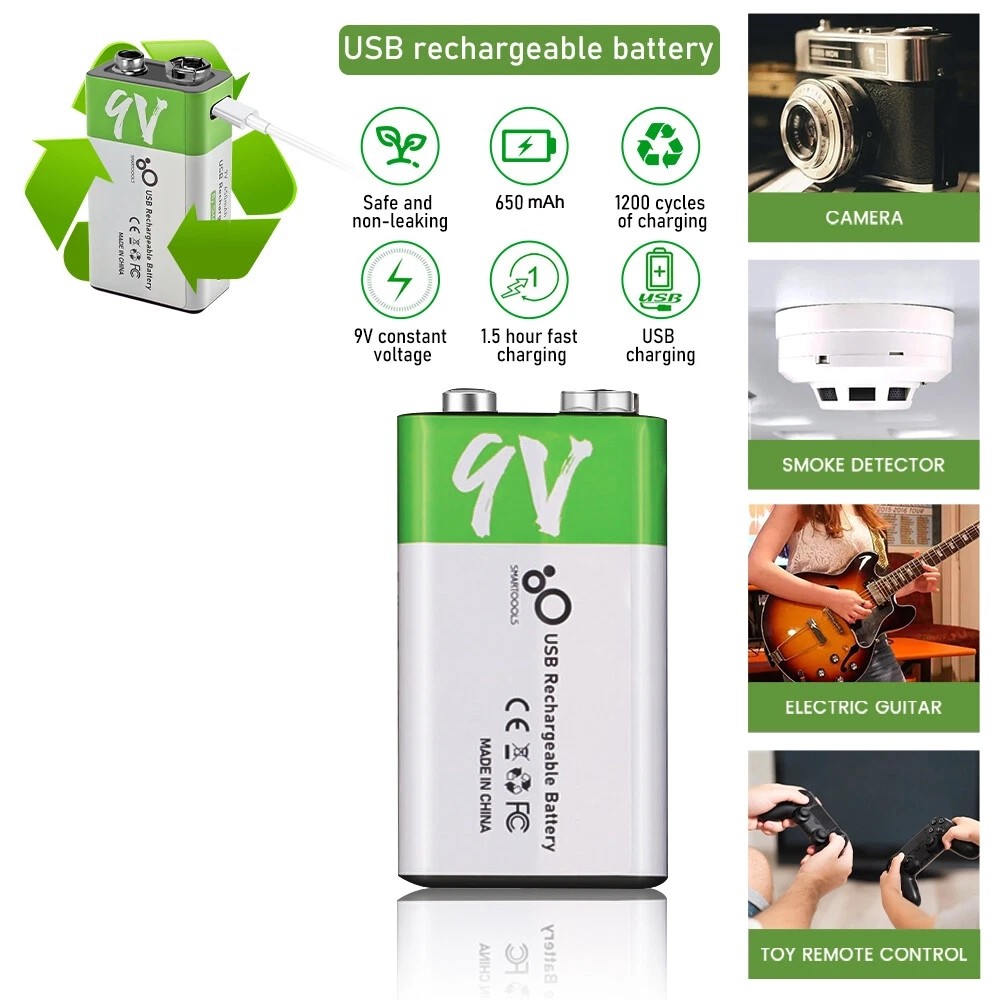 Type-c Şarjlı Li-ion 9V 650mAh Pil