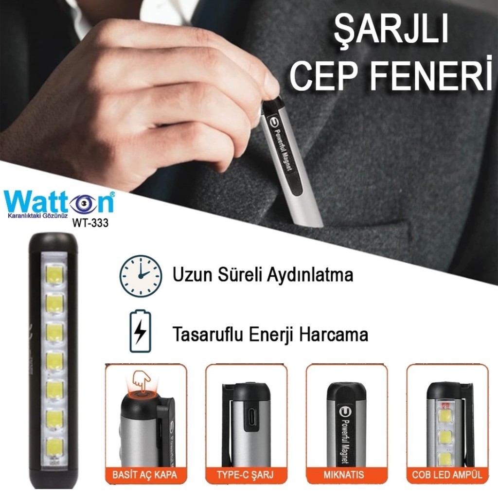  Type-c Şarjlı Mıknatıslı Klipsli Cep ve Yaka Feneri Işıldak Watton Wt-333